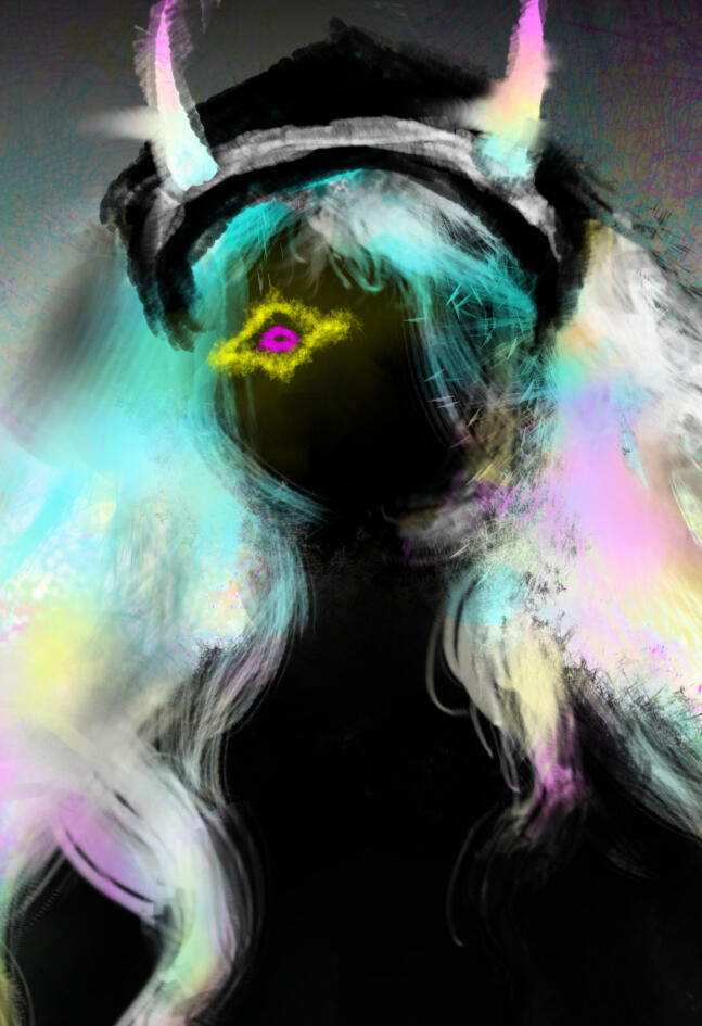 messy painting of Vekoa from Corru.Observer staring down at viewer